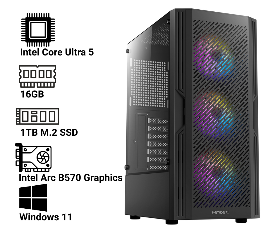 Tech-Simplified Gaming PC, Intel Core Ultra 5, 16GB RAM, 1TB M.2 SSD Intel Arc B570, Windows 11
