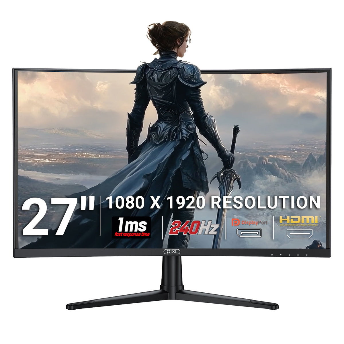 piXL PX27CC301B 27 Inch 240Hz HDR 10+ Full HD Curved Gaming Monitor with 1920 x 1080 Resolution, 1ms Response Time, HDR 10+, DisplayPort, HDMI