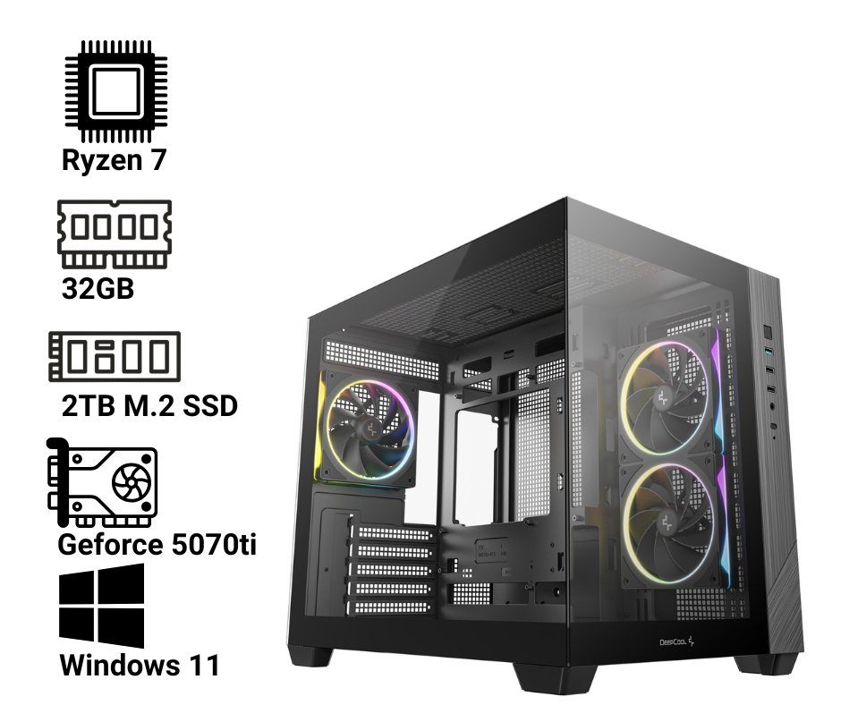 Tech-Simplified Gaming PC, Ryzen 7, 32GB RAM, 2TB M.2SSD, Geforce 5070ti, Windows 11
